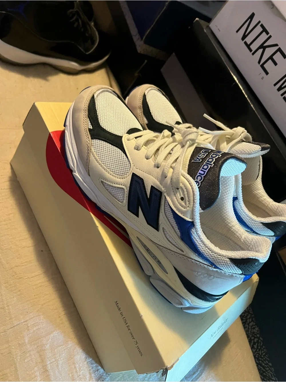 New Balance Teddy Santis 990v3 White and Blue Athletic Sneakers